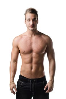 Attractive , shirtless young man with muscular body, showing pecs, abs and arms, isolated on white