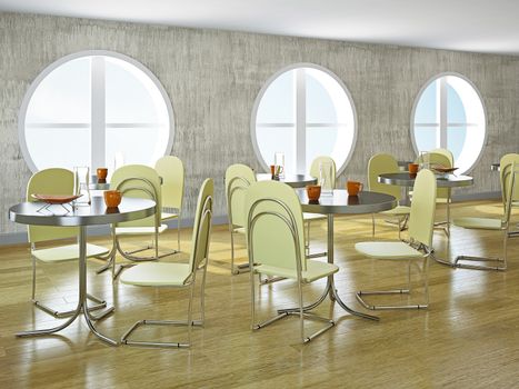 Cafe with big round windows and furniture