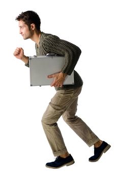 Attractive young man with briefcase running, isolated on white background