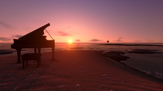 Piano on the beach in the sunset.