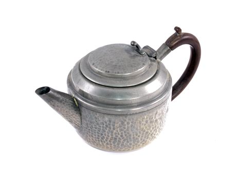 Pewter tea pot on a white background.