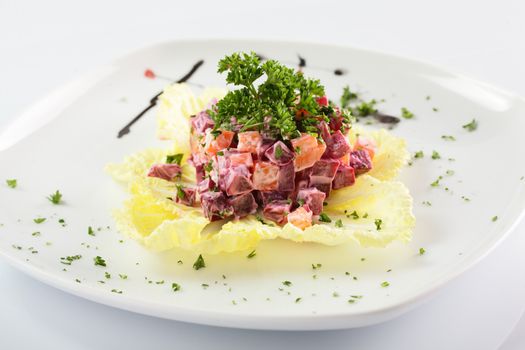 fresh and tasty salad on white background