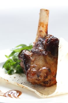 hot and tasty roasted leg on white dish