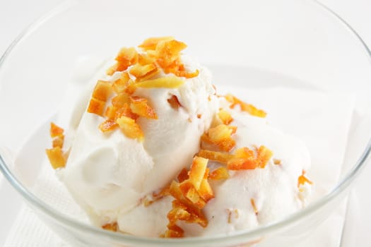 cold and fresh ice cream on transparent dish and white background