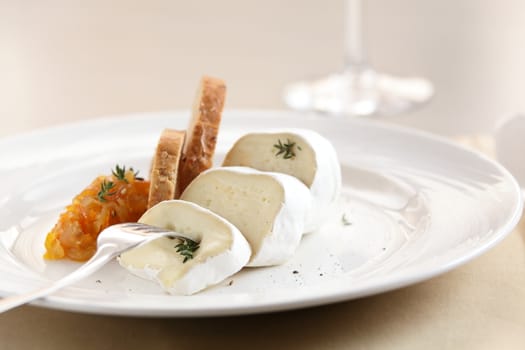 tasty peaces of cheese on white dish with garnish