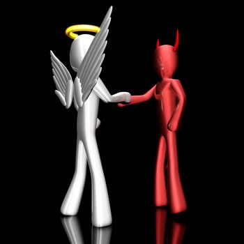A cartoon Angel and Devil handshaking on a agreement.