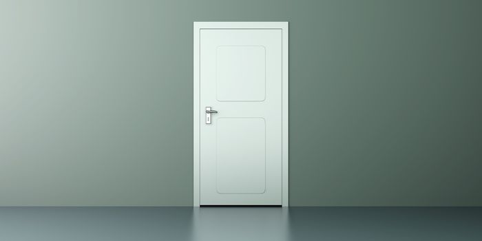 A closed door in a empty room. 3D rendered illustration.