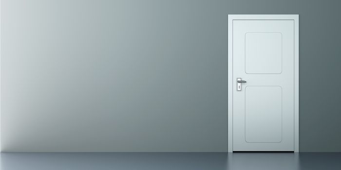 A closed door in a empty room. 3D rendered illustration.