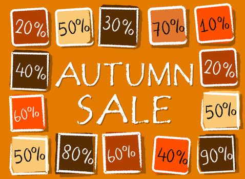 autumn sale and different percentages - retro style orange label with text and squares, business seasonal concept