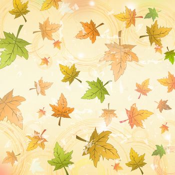 retro background with illustrated autumn leaves with abstract circles over old paper