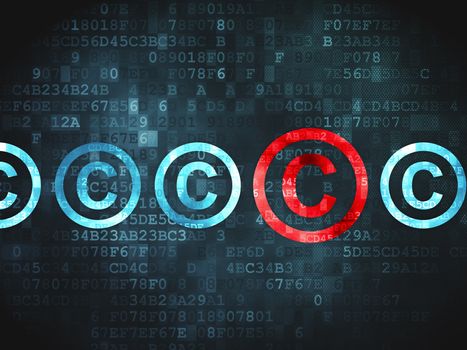 Law concept: pixelated Copyright icon on digital background, 3d render
