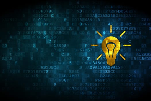 Finance concept: pixelated Light Bulb icon on digital background, empty copyspace for card, text, advertising, 3d render