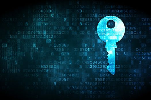 Protection concept: pixelated Key icon on digital background, empty copyspace for card, text, advertising, 3d render