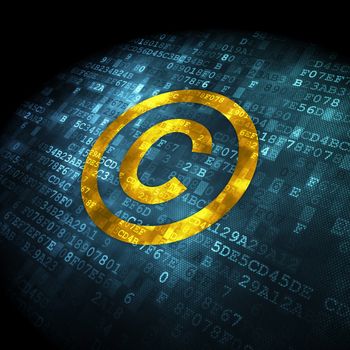 Law concept: pixelated Copyright icon on digital background, 3d render