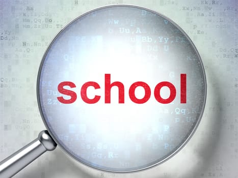 Magnifying optical glass with words School on digital background, 3d render