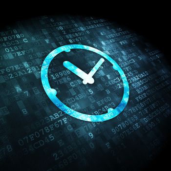 Timeline concept: pixelated Clock icon on digital background, 3d render