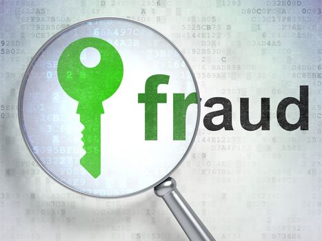 Magnifying optical glass with Key icon and Fraud word on digital background, 3d render