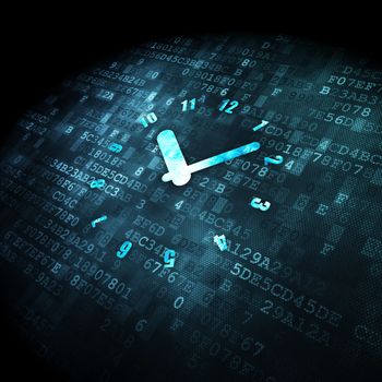 Timeline concept: pixelated Clock icon on digital background, 3d render