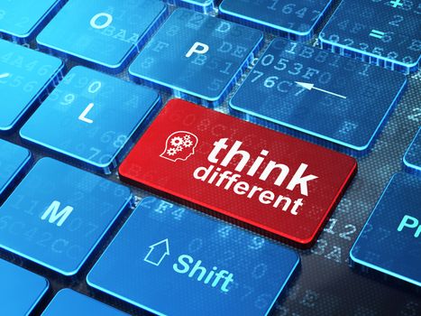 Education concept: computer keyboard with Head With Gears icon and word Think Different on enter button background, 3d render