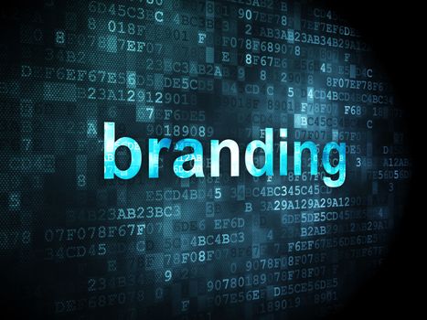 Marketing concept: pixelated words Branding on digital background, 3d render