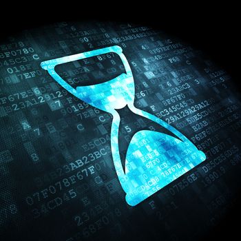 Timeline concept: pixelated Hourglass icon on digital background, 3d render