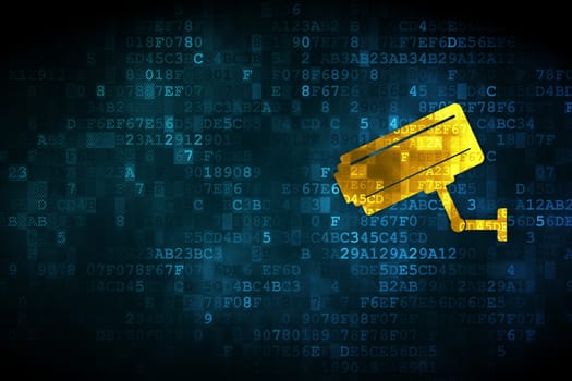 Protection concept: pixelated Cctv Camera icon on digital background, empty copyspace for card, text, advertising, 3d render