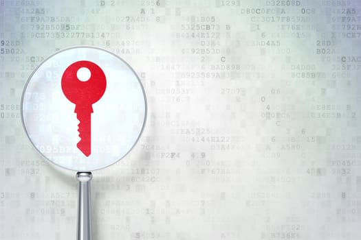 Magnifying optical glass with Key icon on digital background, empty copyspace for card, text, advertising, 3d render
