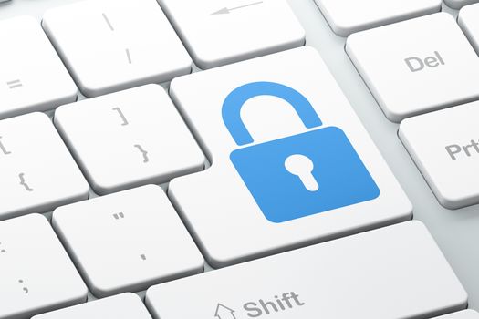 Protection concept: Enter button with Closed Padlock on computer keyboard background, 3d render
