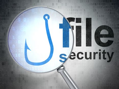 Magnifying optical glass with Fishing Hook icon and File Security word on digital background, 3d render