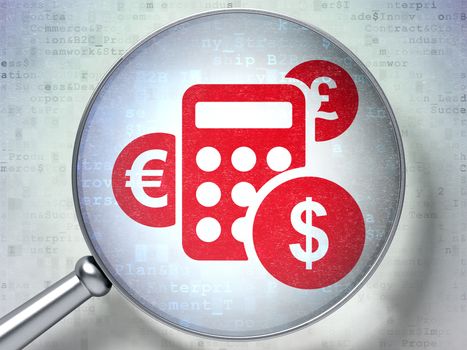 Magnifying optical glass with Calculator icon on digital background, 3d render