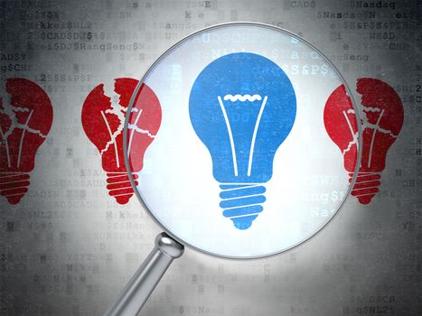 Magnifying optical glass with Lightbulb icons on digital background, 3d render