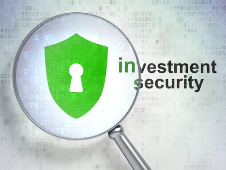 Magnifying optical glass with Shield With Keyhole icon and Investment Security word on digital background, 3d render