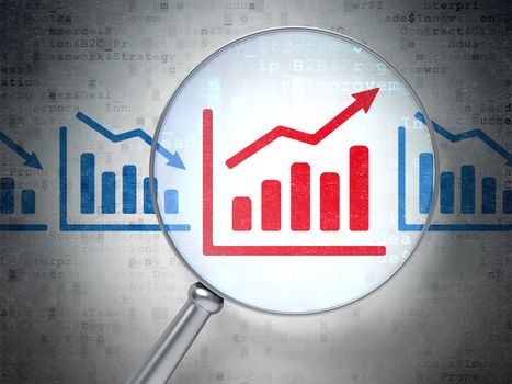 Magnifying optical glass with Graph icons on digital background, 3d render