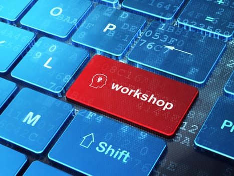 Education concept: computer keyboard with Head With Lightbulb icon and word Workshop on enter button background, 3d render