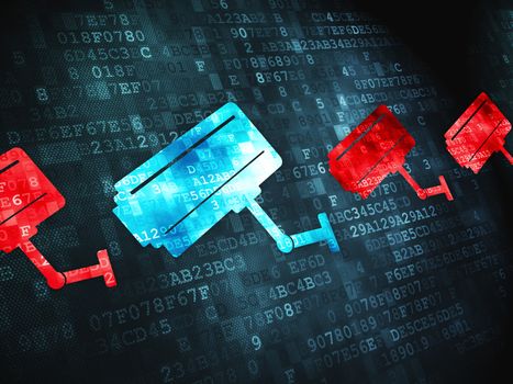 Protection concept: pixelated Cctv Camera icon on digital background, 3d render