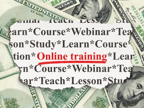 Education concept: torn newspaper with words Online Training on Money background, 3d render