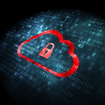 Cloud computing concept: pixelated Cloud With Padlock icon on digital background, 3d render