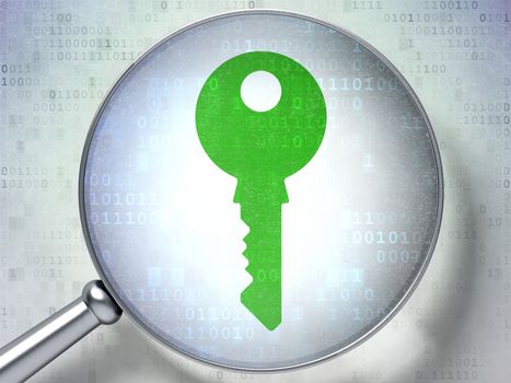 Magnifying optical glass with Key icon on digital background, 3d render