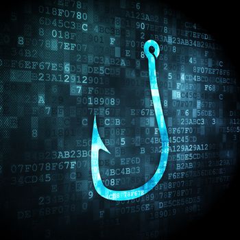 Privacy concept: pixelated Fishing Hook icon on digital background, 3d render