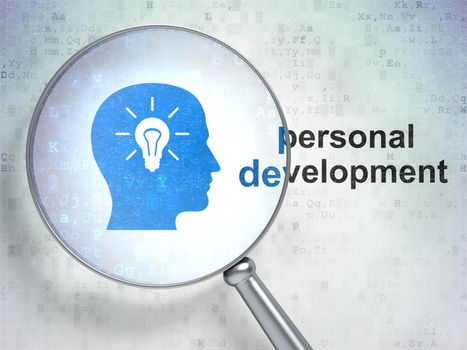 Magnifying optical glass with Head With Light Bulb icon and Personal Development word on digital background, 3d render