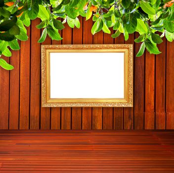 Wall with photo frames and branches.