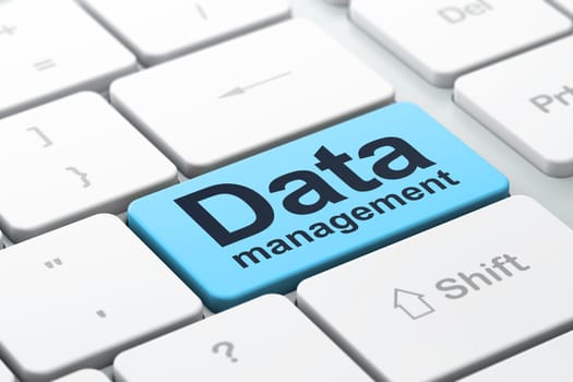 Data concept: computer keyboard with word Data Management, selected focus on enter button background, 3d render
