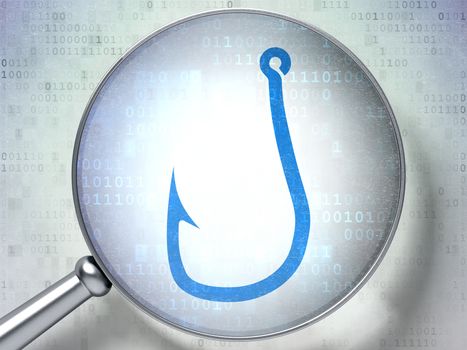 Magnifying optical glass with Fishing Hook icon on digital background, 3d render