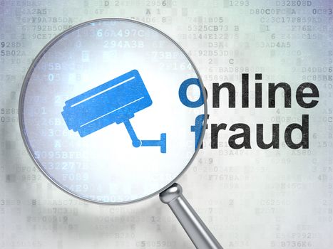 Magnifying optical glass with Cctv Camera icon and Online Fraud word on digital background, 3d render