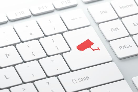 Safety concept: enter button with Cctv Camera on computer keyboard background, 3d render, selected focus