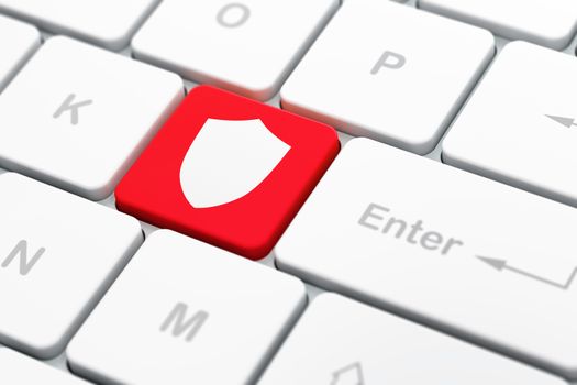 Protection concept: computer keyboard with Shield icon on enter button background, selected focus, 3d render