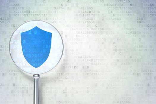 Magnifying optical glass with Shield icon on digital background, empty copyspace for card, text, advertising, 3d render