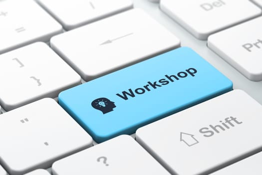 Education concept: computer keyboard with Head With Light Bulb icon and word Workshop, selected focus on enter button, 3d render