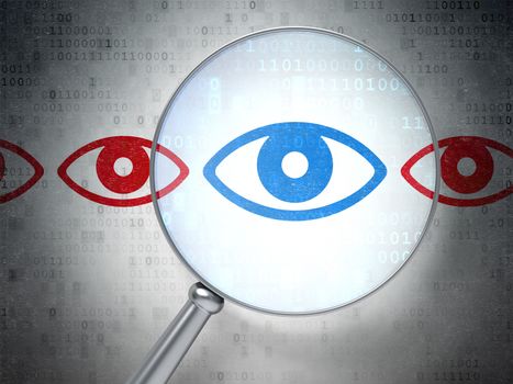 Magnifying optical glass with Eye icons on digital background, 3d render