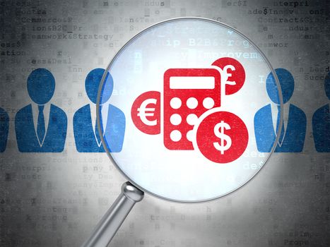Magnifying optical glass with Business Man And Calculator icons on digital background, 3d render